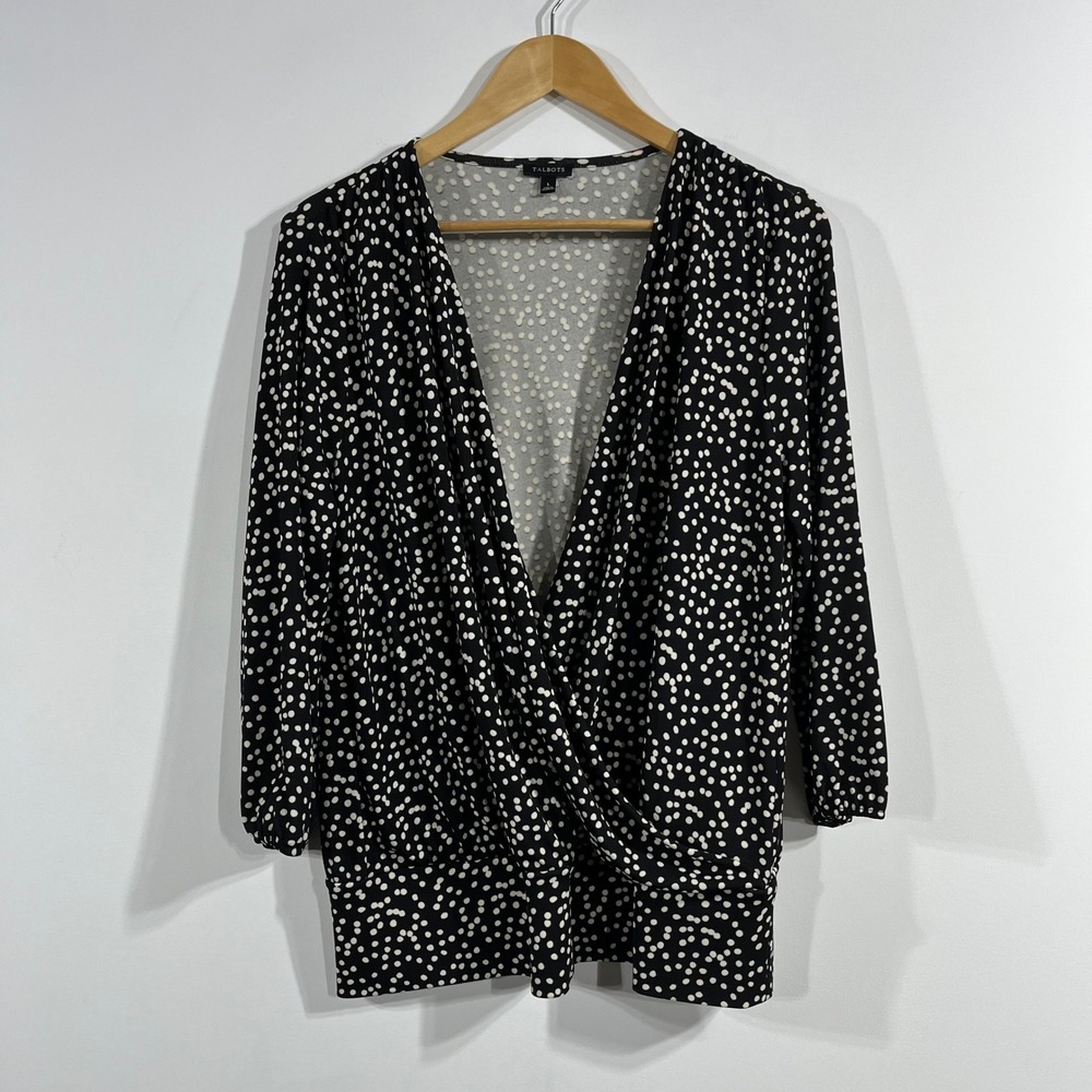Talbots Euro Summer Polka Dot Wrap Top 3/4 Sleeve Womens Large Mature Retro Chic